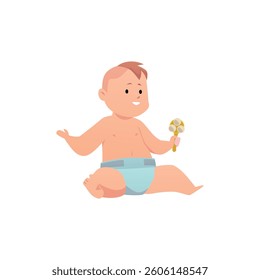 Little Boy in Diaper, Holding Rattle, Vector Illustration. Leisure and Development. Happy Toddler with Fair Skin. Infancy. Flat Cartoon Style. Isolated Background.