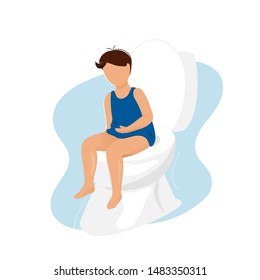 Little boy with diarrhea or constipation sitting on toilet bowl. Flat modern trendy style.Vector illustration character icon. Isolated on white background. Children digestive system problems.