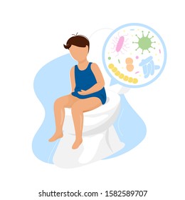 Little boy with diarrhea or constipation sitting on toilet bowl with microorganisms image.  Flat modern trendy style.Vector illustration character icon.Children digestive system problems.