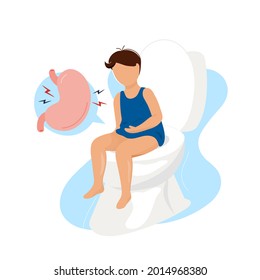 Un niño pequeño con diarrea o estreñimiento sentado en un tazón de baño con un icono de estómago en una burbuja. Ilustración de carácter plano vectorial. Aislado sobre fondo blanco. Problemas del sistema digestivo.
