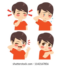 Little boy different face and gesture expression set collection