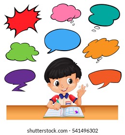 Niñito con una ilustración de diferentes burbujas de habla