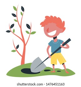 Little Boy Digging Dirt With A Shovel. Child Gardening. Idea Of Farming. Vector Isolated Illustration In Flat Style