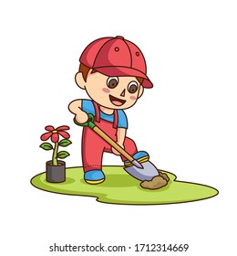 Little boy digging the ground for planting flower