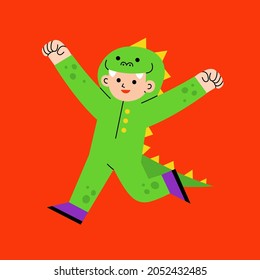 Little boy in Dinosaur costume with pumpkin basket for Trick or Treat on white background. Happy Halloween Concept. 