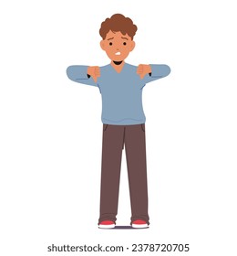 Un Niño Con Una Expresión Decepcionada Le Pierde El Pulgar, Lo Que Convierte Desaprobación O Insatisfacción. Su Gesto Habla Mucho, Expresando Tristeza O Desacuerdo. Ilustración de vectores de personas de caricatura