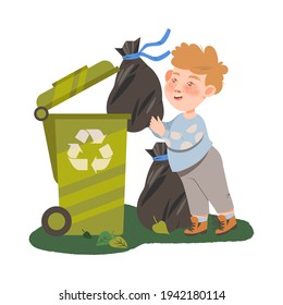 Little Boy Discarding Sacks with Rubbish in Recycling Bin Vector Illustration