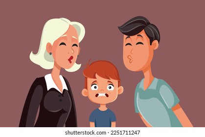 
Niño disgustado por sus padres besando graciosa ilustración vectorial. Hijo que trata de una cita con un padre de nuevo
