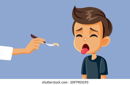 
Little Boy Disliking The Medicine Vector Cartoon Illustration. Child Refusing To Take Medication Prescribed By Pediatrician Doctor
