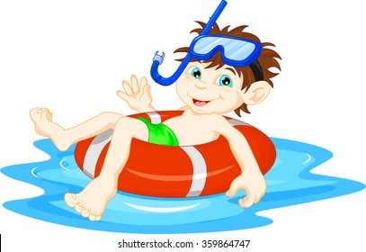 little Boy diver with lifebuoy waving