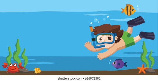 A Little boy diving with fish under the ocean