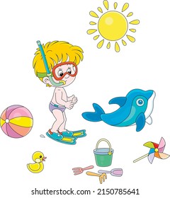 Little boy with a diving mask, flippers, a snorkel and a set of colorful beach toys for summer vacation by a sea, vector cartoon illustrations isolated on a white background