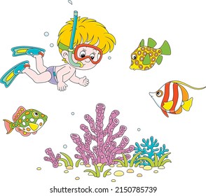 Little boy with a diving mask, flippers and a snorkel diving with colorful tropical fishes on a coral reef on summer vacation, vector cartoon illustrations isolated on a white background