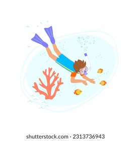 Little boy in diving mask and flippers swims in sea underwater among corals and looks goldfish. Vector children's illustration of family vacation with children, outdoor activities.