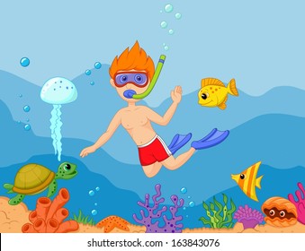 Little boy diving in the ocean