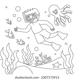 Little boy diving in the ocean coloring page vector illustration