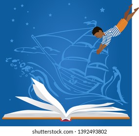 Little boy diving in an open book, old-time sailing ship on the background, EPS 8 vector illustration