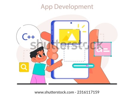 Little boy do programming. Computer science and application development for kids. Children learning app building and coding. Flat vector illustration