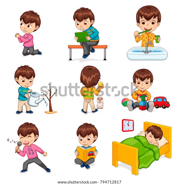 Little boy does daily routine actions. Kid\
plays with toys and tablet, waters plant, brushes teeth, reads book\
and sleeps in bed vector\
illustrations.