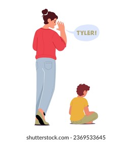 Little Boy Does Not Respond To The World Around. Child Character Immersed In Thoughts. Mom Trying to Attract Attention of Son. Relationship With An Autistic Child. Cartoon People Vector Illustration