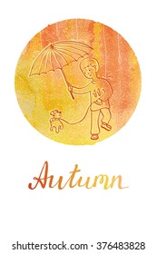 Little boy and a dog walking in the rain. Autumn poster with watercolor background.
