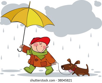 Little boy and a dog walking in the rain