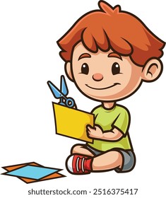 Little boy doing an activity with paper and scissors vector illustration