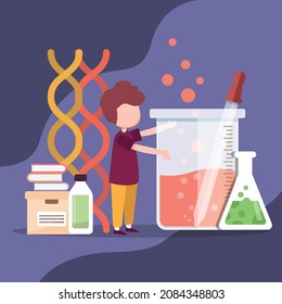 Little boy doing experiment liquid chemistry with glass of chemistry. Science and education. science is fun. Vector colorful illustration flat.