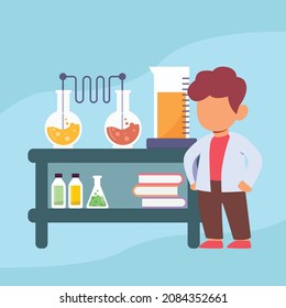 Niño pequeño haciendo experimentos con dos copas de química en laboratorio. Ciencia y educación. la ciencia es divertida. Ilustración de color vectorial plana.