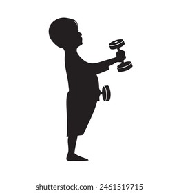 Little boy is doing fitness with dumbbells. Vector illustration.