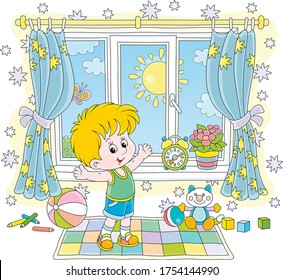 Little boy doing gymnastic exercises on a color carpet in his nursery room with toys on a sunny morning, vector cartoon illustration on a white background