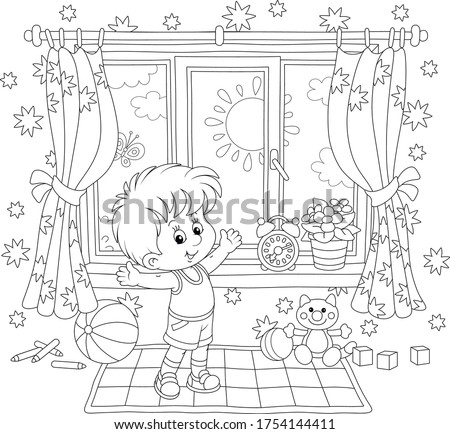 Little boy doing gymnastic exercises on a carpet in his nursery room with toys on a sunny morning, black and white outline vector cartoon illustration for a coloring book page