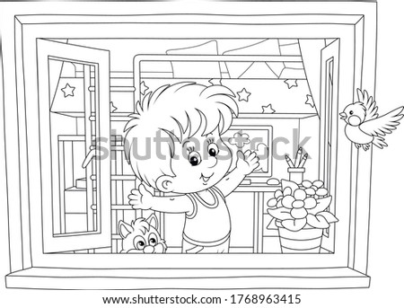 Little boy doing gymnastic exercises by an open window in his nursery room on a warm morning, black and white outline vector cartoon illustration for a coloring book page