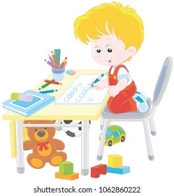 Little boy doing his homework in an exercise book with samples of writing, a vector illustration in a cartoon style