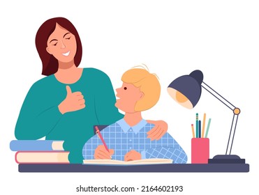 El niño pequeño está haciendo su tarea. Detrás está una madre sonriente y muestra el cartel de "subida de pulgar". El profesor está satisfecho con el trabajo del estudiante. Ilustración vectorial en estilo plano sobre fondo blanco