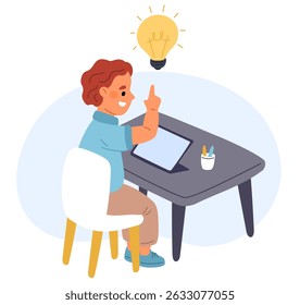 Little boy doing his homework. Student has idea for answers. Kid sitting at table. Child studying with laptop tablet. Insight lightbulb lamp. Schoolboy learning in class. Lesson task. Vector concept