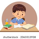 Little boy doing homework by read and writing on his desk. Vector illustration