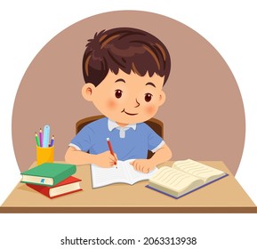 Little boy doing homework by read and writing on his desk. Vector illustration