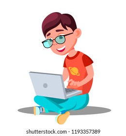 Little Boy Doing Homework At Home With Computer Vector. Isolated Illustration