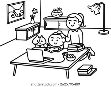 Little boy doing homework at home coloring pages style.