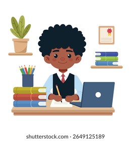 Niño pequeño haciendo la tarea en su ilustración de escritorio