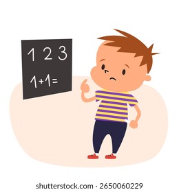 Niño pequeño haciendo matemáticas en una Ilustración vectorial de pizarra