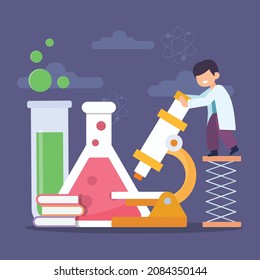 A little boy doing with microscopes in laboratory and two glass of chemistry. Science and education. science is fun. Vector colorful illustration flat.