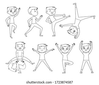 Little boy doing physical exercises. Funny cartoon character. Vector illustration. Isolated on white background. Outline drawing