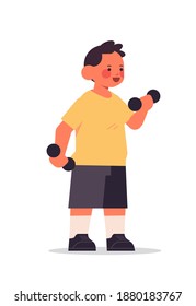 little boy doing physical exercises with dumbbells healthy lifestyle childhood concept full length isolated vertical vector illustration