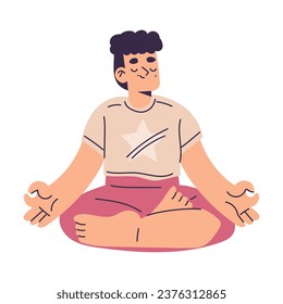 Little Boy Doing Yoga Exercise Sitting in Lotus Pose Vector Illustration