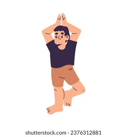 Little Boy Doing Yoga Exercise Standing in Asana Vector Illustration