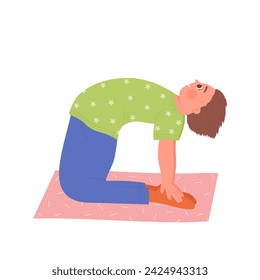 Little boy doing yoga exercise. Kid stretching, kids practicing yoga cartoon vector illustration