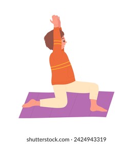 Little boy doing yoga exercise. Kids practicing yoga sport, healthy lifestyle cartoon vector illustration