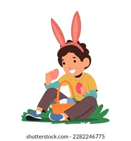 Little Boy Donning Rabbit Ears Picks Brightly Colored Easter Eggs From The Grass. The Joyous And Festive Image Promote Spirit Of Festive Season and Kids Festivities. Cartoon People Vector Illustration